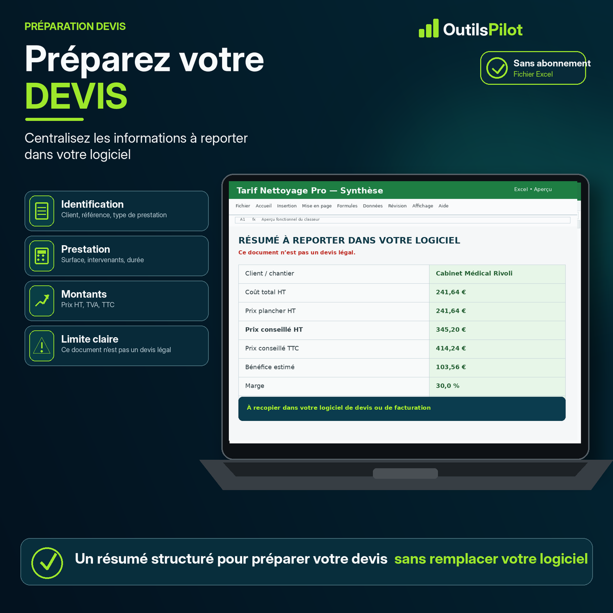 Calculateur de tarifs nettoyage — synthèse ou tableau de bord — OutilsPilot